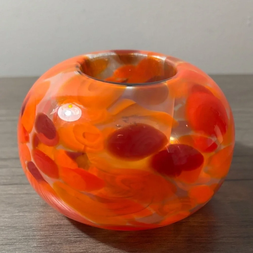Vintage MCM Orange Swirl Handblown‎ Glass Votive Candle Holder